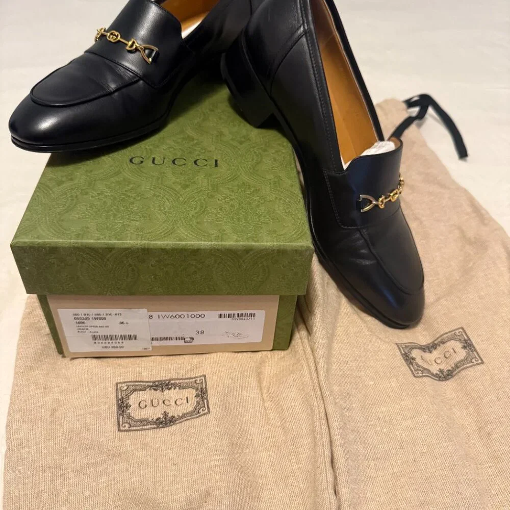 Gucci Jakarta Women Black Leather Loafer Shoes Gold GG Size 38- ORIGINAL PACKAGE - Picture 2 of 9